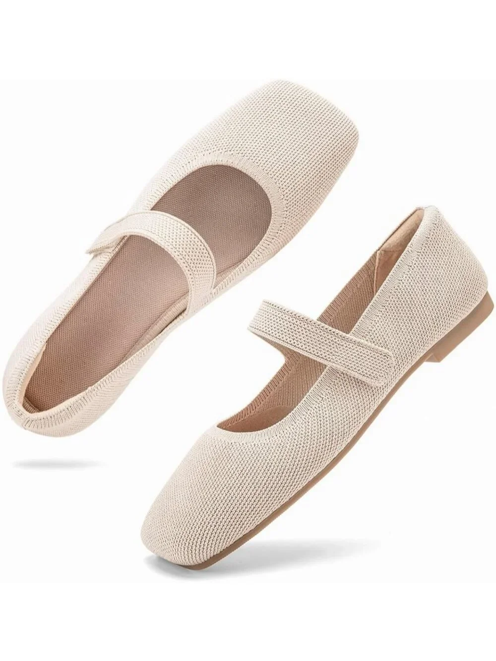 Women's Almond Rubber Knit Wide Toe Adjustable Straps Flat Slip On Comfort Shoes